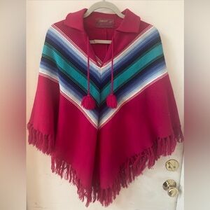 Vintage Orlon Festival Southwest Fringe Poncho Bright Colors Pink Pom Pom O/S